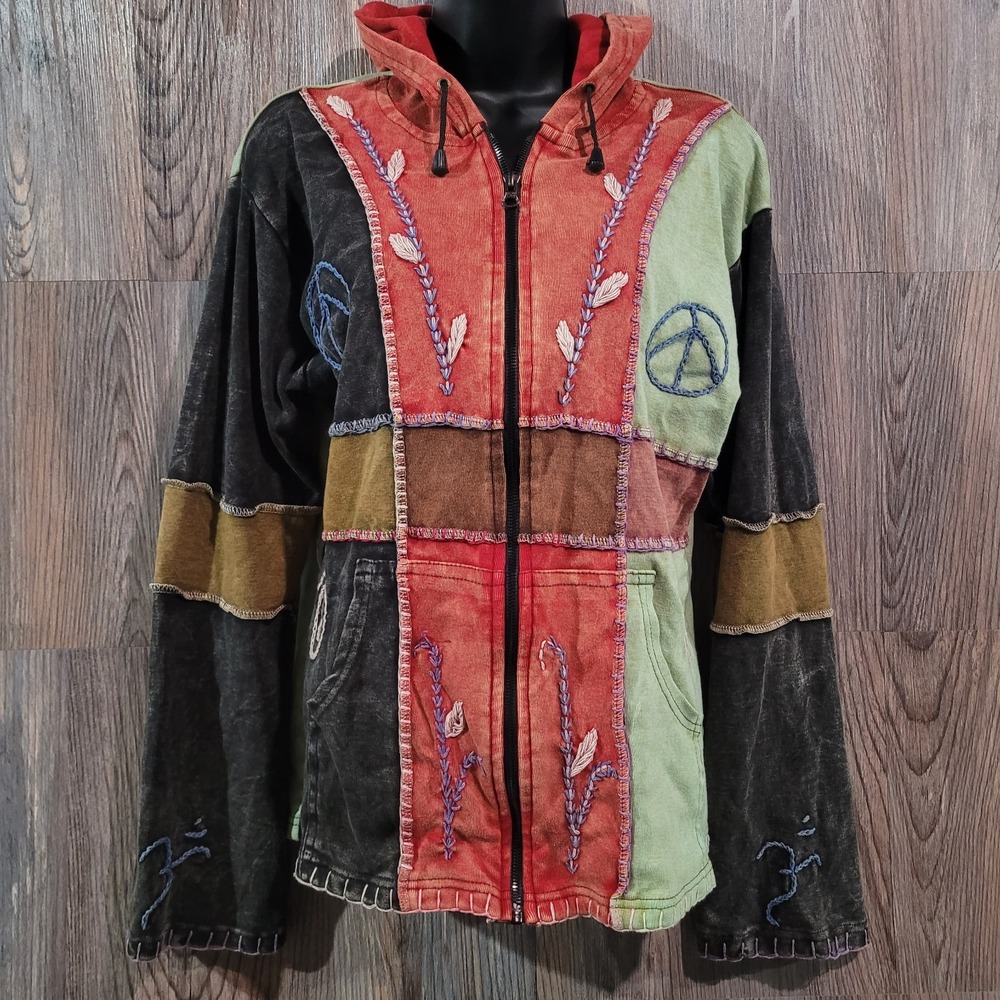 KPC Full-Zip Hoodie XL Patchwork Embroidered Peace Signs Hippie Art to Wear